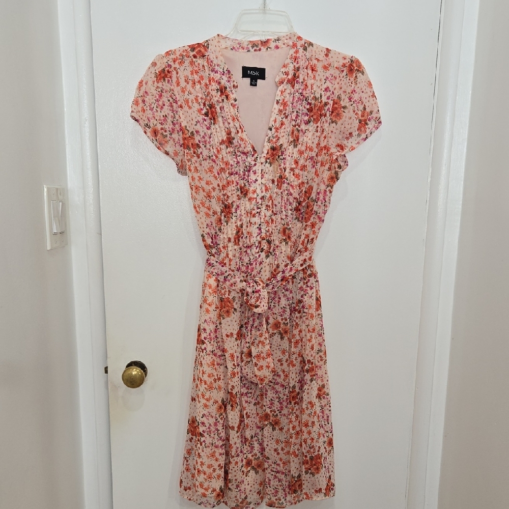 MSK Romantic Floral Midi Dress in Pink and Orange